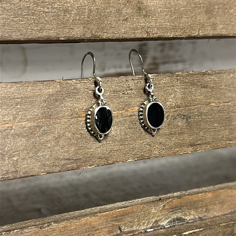 Sterling silver great shape stamped 925 black onyx French wire earrings